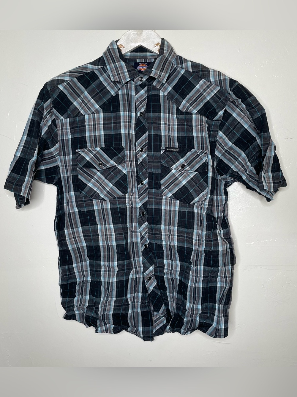 DICKIES WESTERN PLAID SNAP BUTTON DOWN SHORT SLEEVE SHIRT BLUE SZ L
